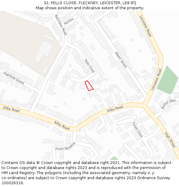 32, PELLS CLOSE, FLECKNEY, LEICESTER, LE8 8TJ: Location map and indicative extent of plot