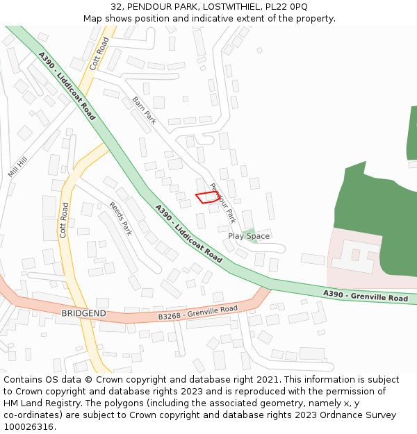 32, PENDOUR PARK, LOSTWITHIEL, PL22 0PQ: Location map and indicative extent of plot