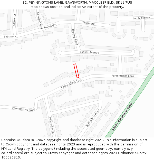 32, PENNINGTONS LANE, GAWSWORTH, MACCLESFIELD, SK11 7US: Location map and indicative extent of plot