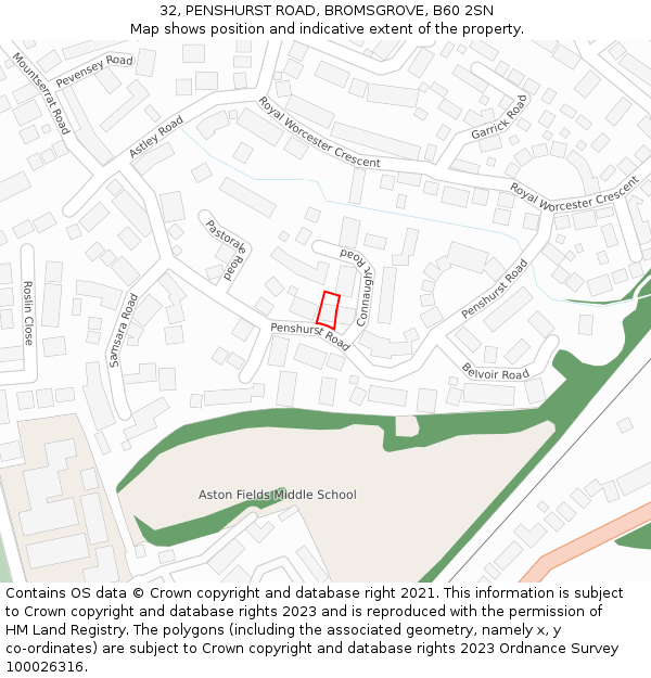 32, PENSHURST ROAD, BROMSGROVE, B60 2SN: Location map and indicative extent of plot