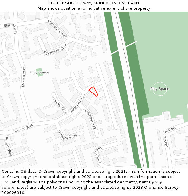 32, PENSHURST WAY, NUNEATON, CV11 4XN: Location map and indicative extent of plot