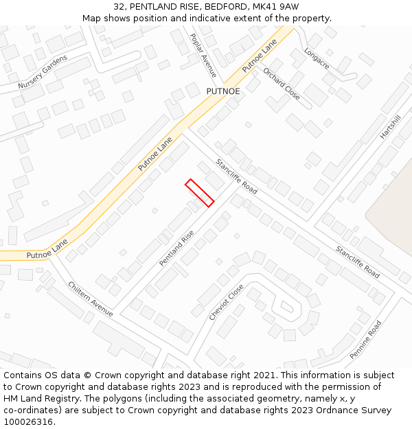 32, PENTLAND RISE, BEDFORD, MK41 9AW: Location map and indicative extent of plot