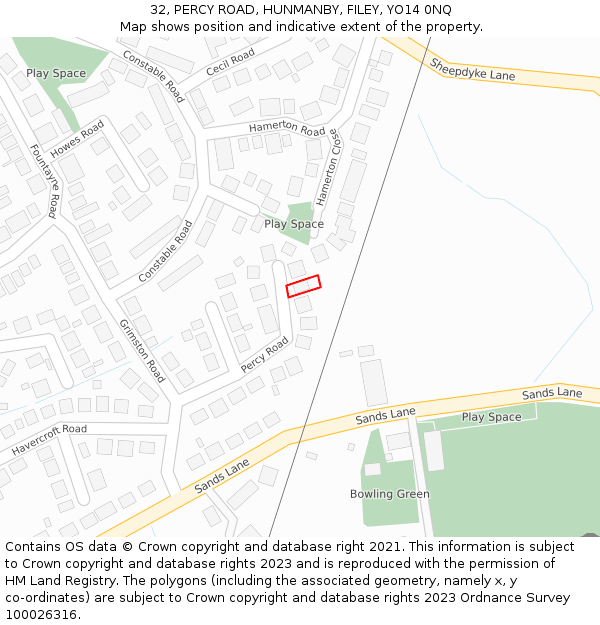 32, PERCY ROAD, HUNMANBY, FILEY, YO14 0NQ: Location map and indicative extent of plot