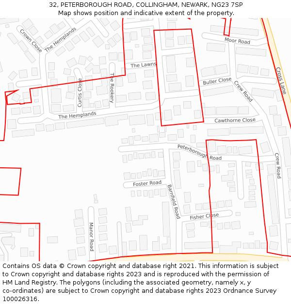 32, PETERBOROUGH ROAD, COLLINGHAM, NEWARK, NG23 7SP: Location map and indicative extent of plot