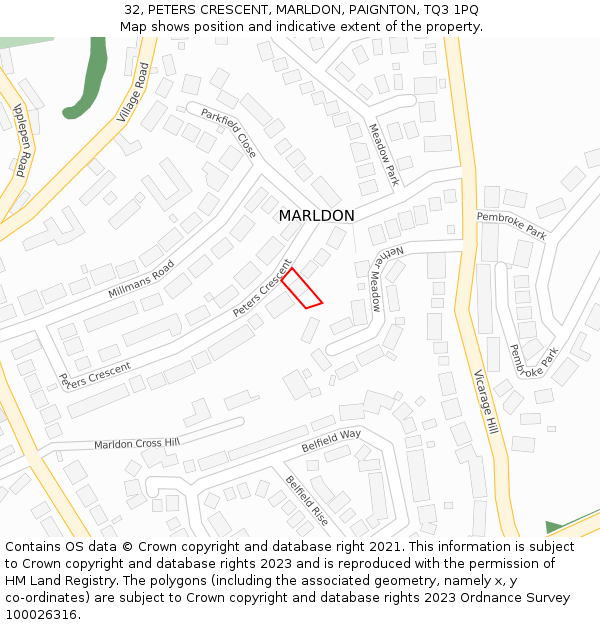 32, PETERS CRESCENT, MARLDON, PAIGNTON, TQ3 1PQ: Location map and indicative extent of plot