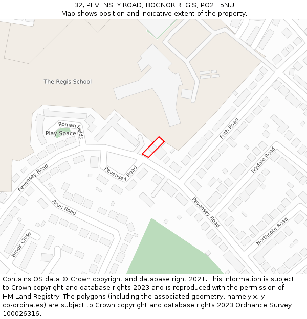 32, PEVENSEY ROAD, BOGNOR REGIS, PO21 5NU: Location map and indicative extent of plot