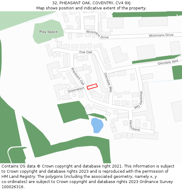 32, PHEASANT OAK, COVENTRY, CV4 9XJ: Location map and indicative extent of plot