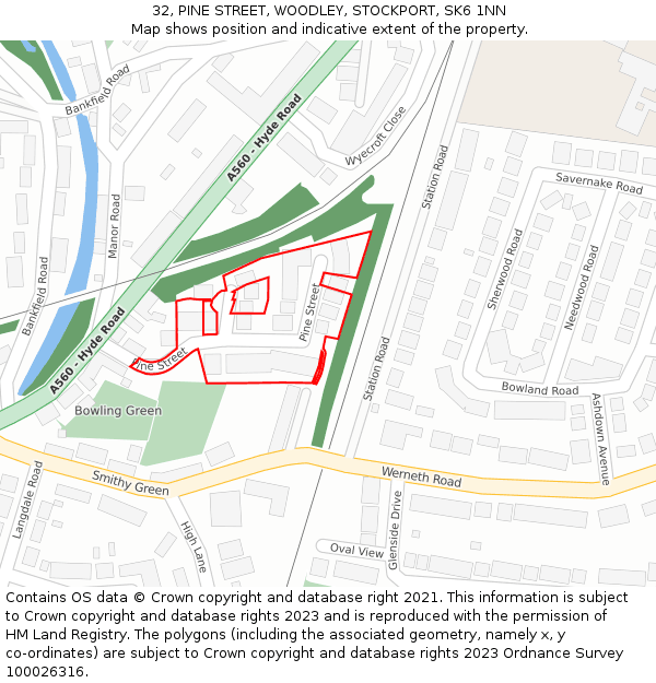 32, PINE STREET, WOODLEY, STOCKPORT, SK6 1NN: Location map and indicative extent of plot