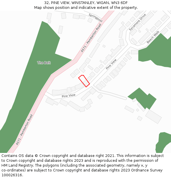 32, PINE VIEW, WINSTANLEY, WIGAN, WN3 6DF: Location map and indicative extent of plot