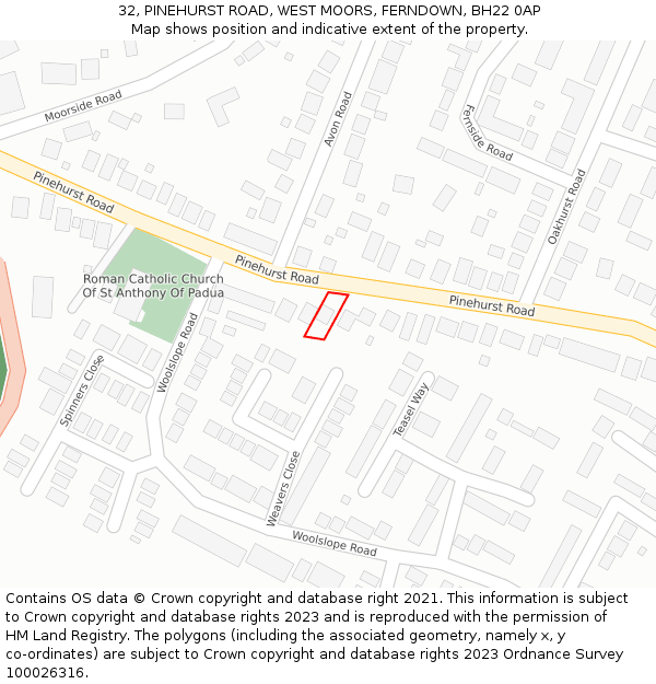 32, PINEHURST ROAD, WEST MOORS, FERNDOWN, BH22 0AP: Location map and indicative extent of plot
