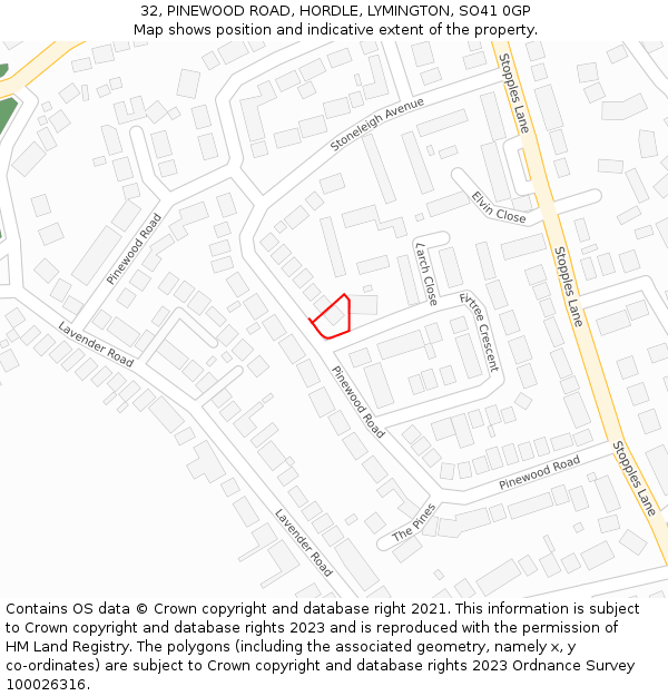 32, PINEWOOD ROAD, HORDLE, LYMINGTON, SO41 0GP: Location map and indicative extent of plot