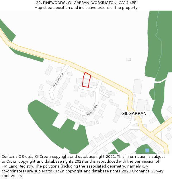 32, PINEWOODS, GILGARRAN, WORKINGTON, CA14 4RE: Location map and indicative extent of plot