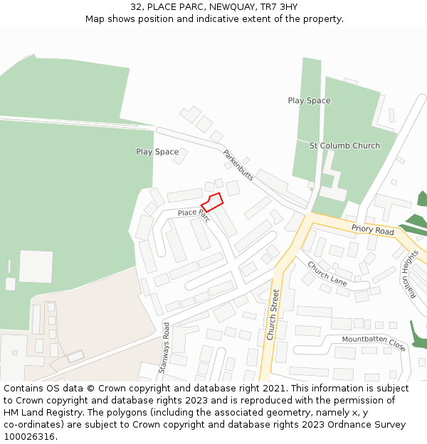 32, PLACE PARC, NEWQUAY, TR7 3HY: Location map and indicative extent of plot