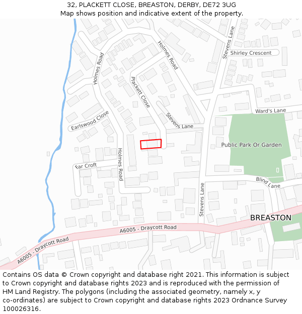 32, PLACKETT CLOSE, BREASTON, DERBY, DE72 3UG: Location map and indicative extent of plot