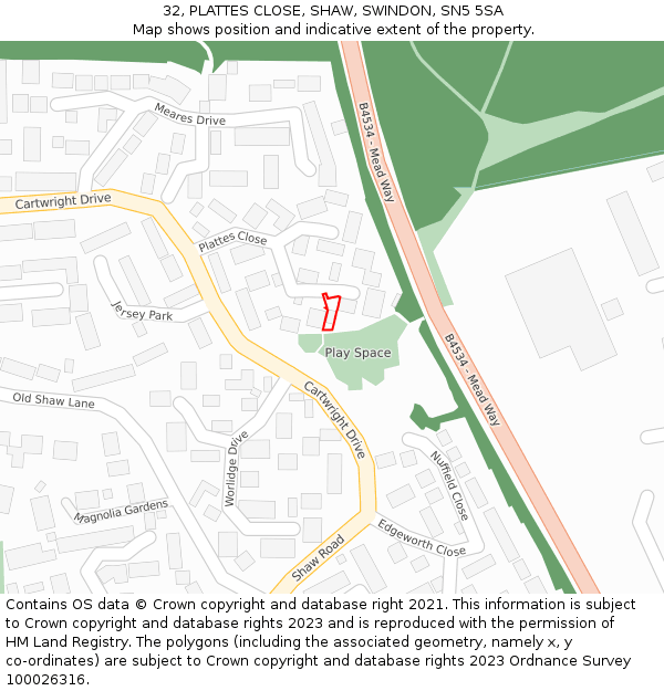 32, PLATTES CLOSE, SHAW, SWINDON, SN5 5SA: Location map and indicative extent of plot