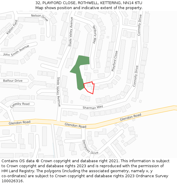 32, PLAYFORD CLOSE, ROTHWELL, KETTERING, NN14 6TU: Location map and indicative extent of plot