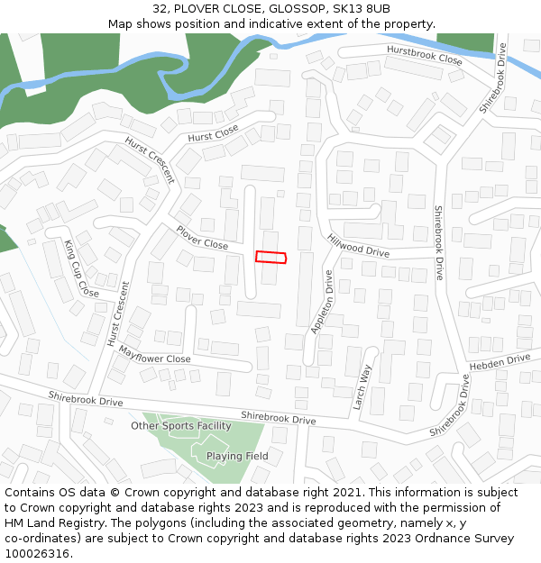 32, PLOVER CLOSE, GLOSSOP, SK13 8UB: Location map and indicative extent of plot
