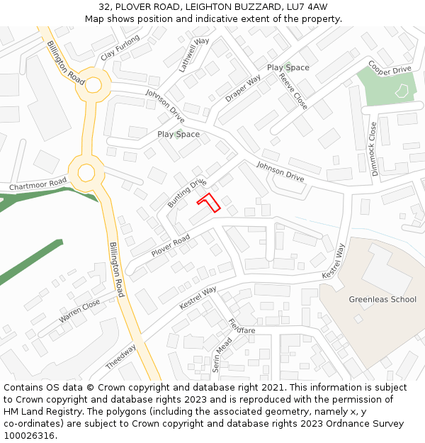 32, PLOVER ROAD, LEIGHTON BUZZARD, LU7 4AW: Location map and indicative extent of plot