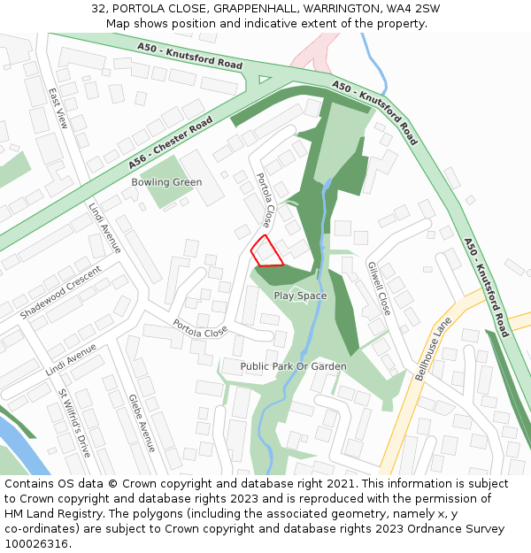 32, PORTOLA CLOSE, GRAPPENHALL, WARRINGTON, WA4 2SW: Location map and indicative extent of plot