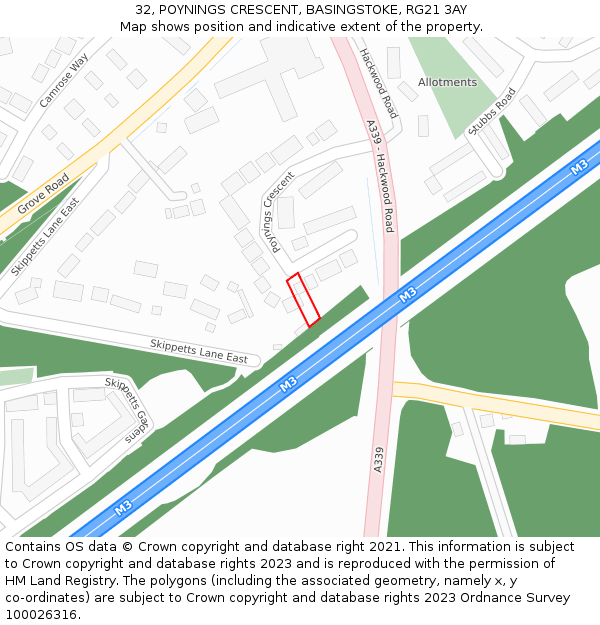 32, POYNINGS CRESCENT, BASINGSTOKE, RG21 3AY: Location map and indicative extent of plot