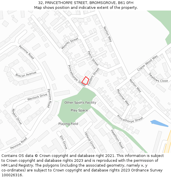 32, PRINCETHORPE STREET, BROMSGROVE, B61 0FH: Location map and indicative extent of plot