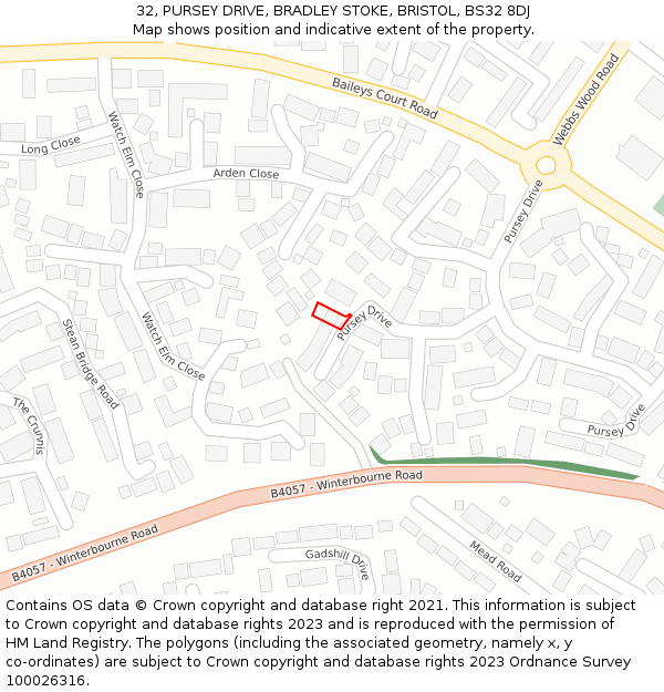 32, PURSEY DRIVE, BRADLEY STOKE, BRISTOL, BS32 8DJ: Location map and indicative extent of plot