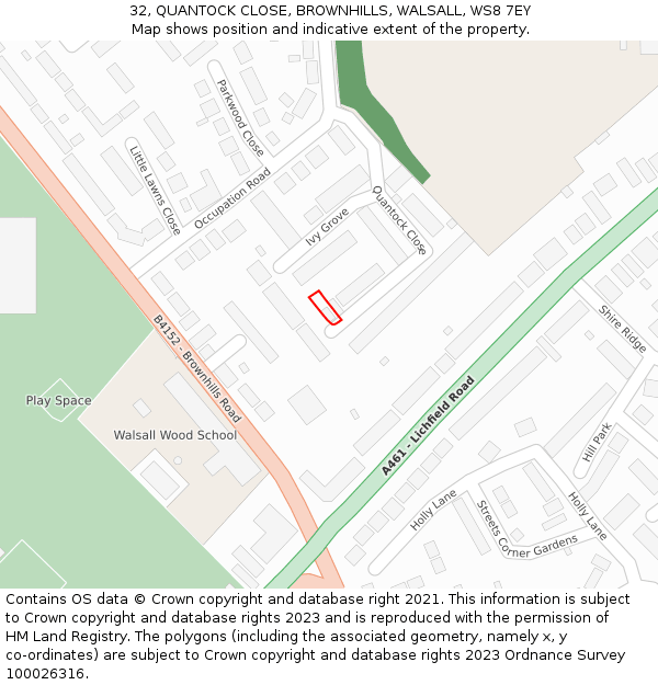 32, QUANTOCK CLOSE, BROWNHILLS, WALSALL, WS8 7EY: Location map and indicative extent of plot