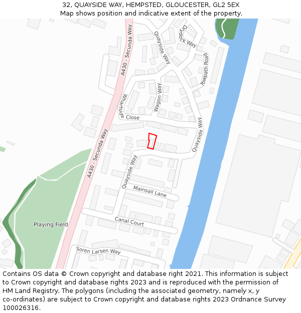 32, QUAYSIDE WAY, HEMPSTED, GLOUCESTER, GL2 5EX: Location map and indicative extent of plot