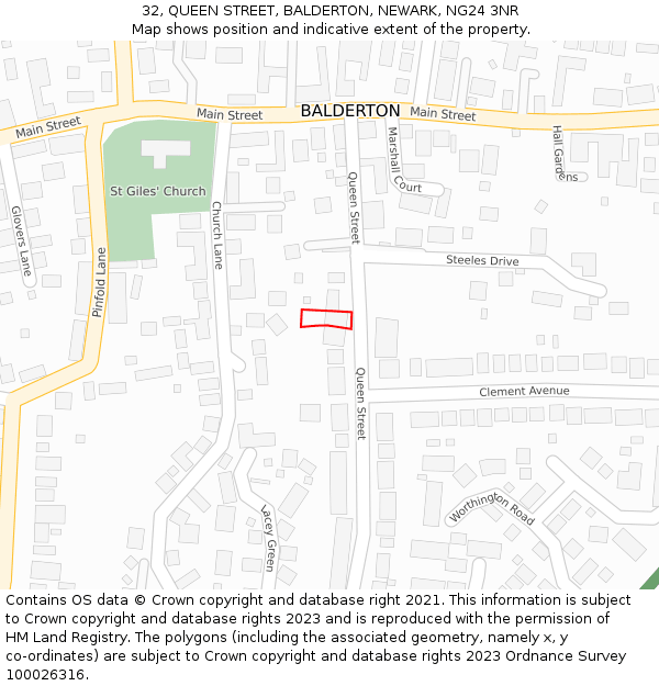 32, QUEEN STREET, BALDERTON, NEWARK, NG24 3NR: Location map and indicative extent of plot