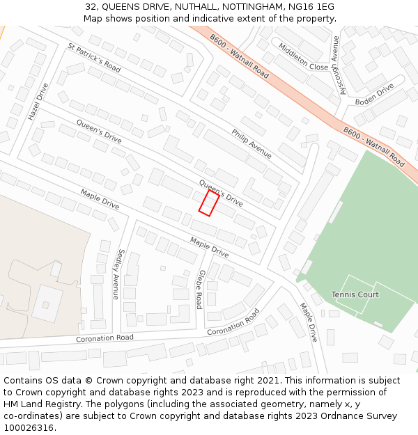 32, QUEENS DRIVE, NUTHALL, NOTTINGHAM, NG16 1EG: Location map and indicative extent of plot