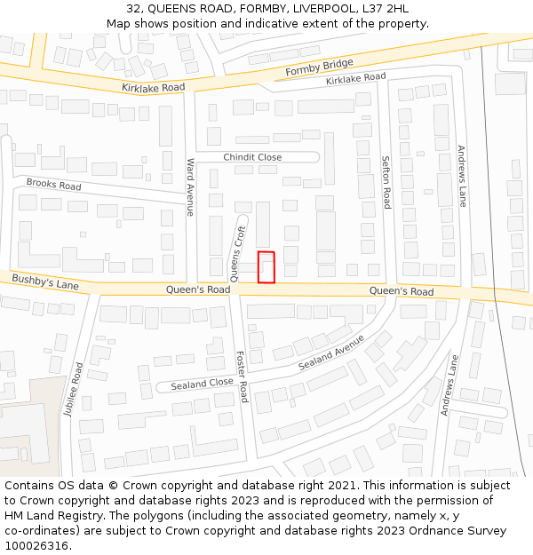 32, QUEENS ROAD, FORMBY, LIVERPOOL, L37 2HL: Location map and indicative extent of plot