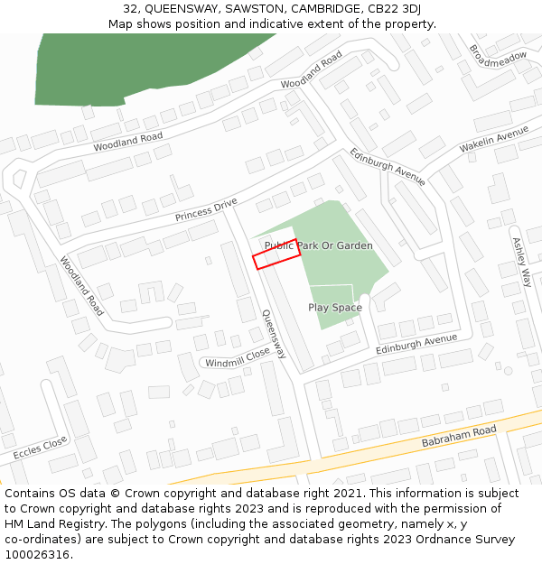 32, QUEENSWAY, SAWSTON, CAMBRIDGE, CB22 3DJ: Location map and indicative extent of plot