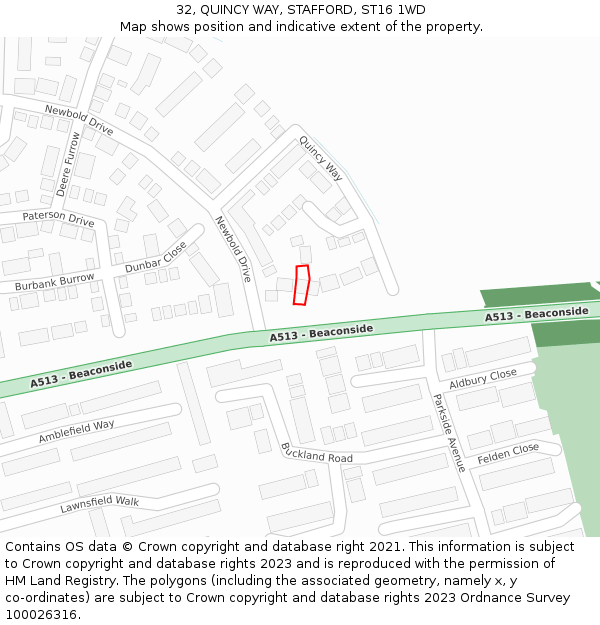 32, QUINCY WAY, STAFFORD, ST16 1WD: Location map and indicative extent of plot