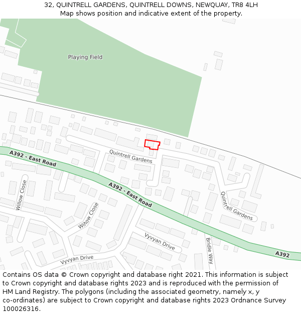 32, QUINTRELL GARDENS, QUINTRELL DOWNS, NEWQUAY, TR8 4LH: Location map and indicative extent of plot