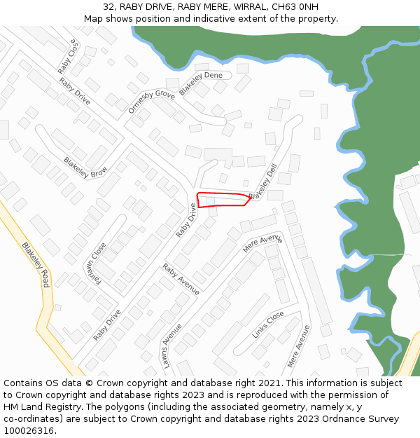 32, RABY DRIVE, RABY MERE, WIRRAL, CH63 0NH: Location map and indicative extent of plot
