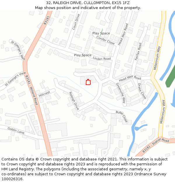 32, RALEIGH DRIVE, CULLOMPTON, EX15 1FZ: Location map and indicative extent of plot