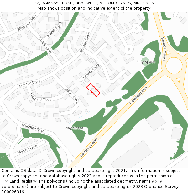 32, RAMSAY CLOSE, BRADWELL, MILTON KEYNES, MK13 9HN: Location map and indicative extent of plot