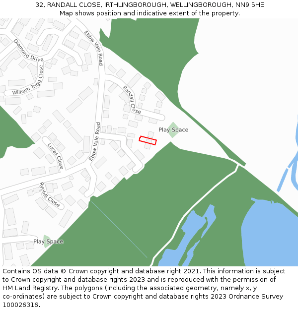 32, RANDALL CLOSE, IRTHLINGBOROUGH, WELLINGBOROUGH, NN9 5HE: Location map and indicative extent of plot
