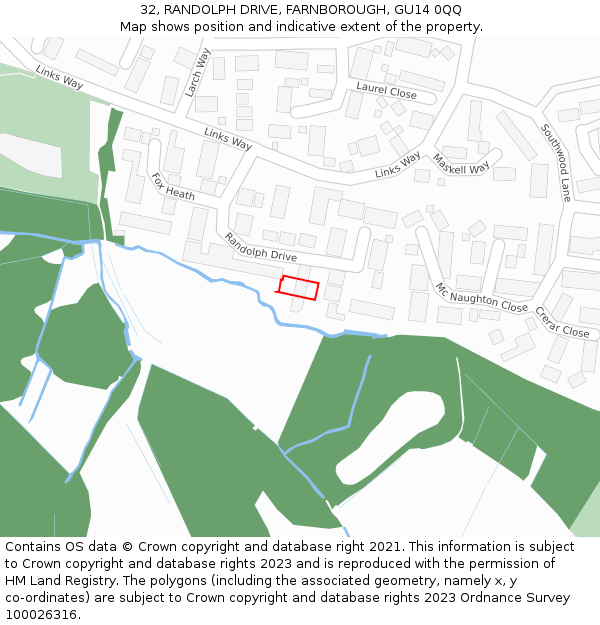 32, RANDOLPH DRIVE, FARNBOROUGH, GU14 0QQ: Location map and indicative extent of plot