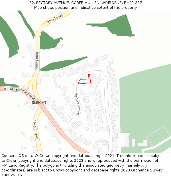 32, RECTORY AVENUE, CORFE MULLEN, WIMBORNE, BH21 3EZ: Location map and indicative extent of plot