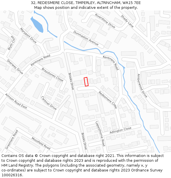 32, REDESMERE CLOSE, TIMPERLEY, ALTRINCHAM, WA15 7EE: Location map and indicative extent of plot