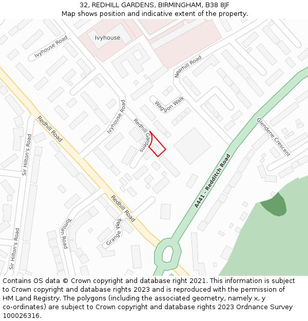 32, REDHILL GARDENS, BIRMINGHAM, B38 8JF: Location map and indicative extent of plot