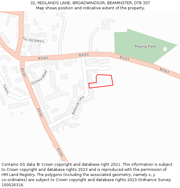 32, REDLANDS LANE, BROADWINDSOR, BEAMINSTER, DT8 3ST: Location map and indicative extent of plot