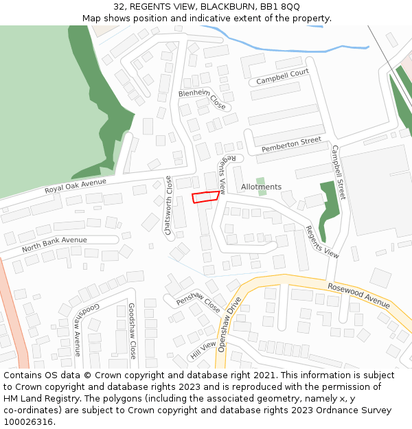 32, REGENTS VIEW, BLACKBURN, BB1 8QQ: Location map and indicative extent of plot