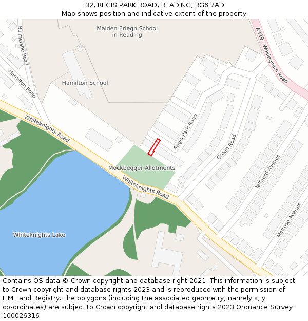 32, REGIS PARK ROAD, READING, RG6 7AD: Location map and indicative extent of plot