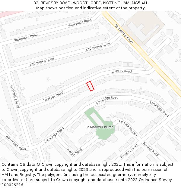 32, REVESBY ROAD, WOODTHORPE, NOTTINGHAM, NG5 4LL: Location map and indicative extent of plot