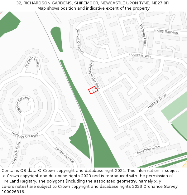 32, RICHARDSON GARDENS, SHIREMOOR, NEWCASTLE UPON TYNE, NE27 0FH: Location map and indicative extent of plot