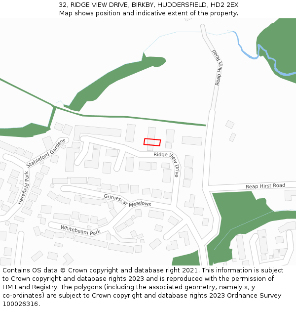 32, RIDGE VIEW DRIVE, BIRKBY, HUDDERSFIELD, HD2 2EX: Location map and indicative extent of plot