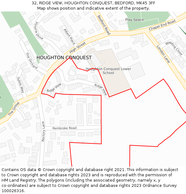 32, RIDGE VIEW, HOUGHTON CONQUEST, BEDFORD, MK45 3FF: Location map and indicative extent of plot
