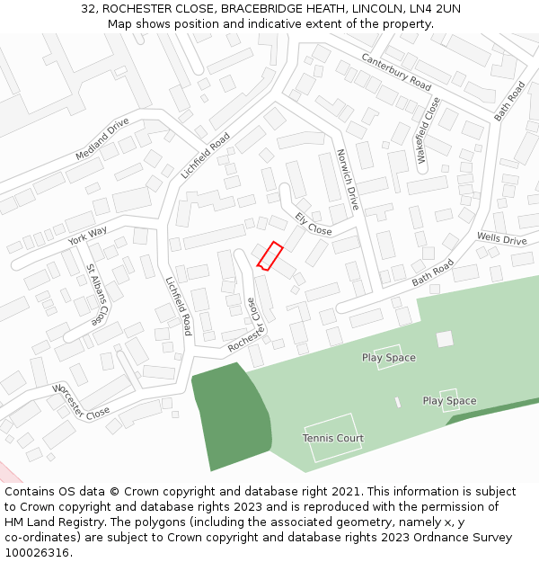 32, ROCHESTER CLOSE, BRACEBRIDGE HEATH, LINCOLN, LN4 2UN: Location map and indicative extent of plot